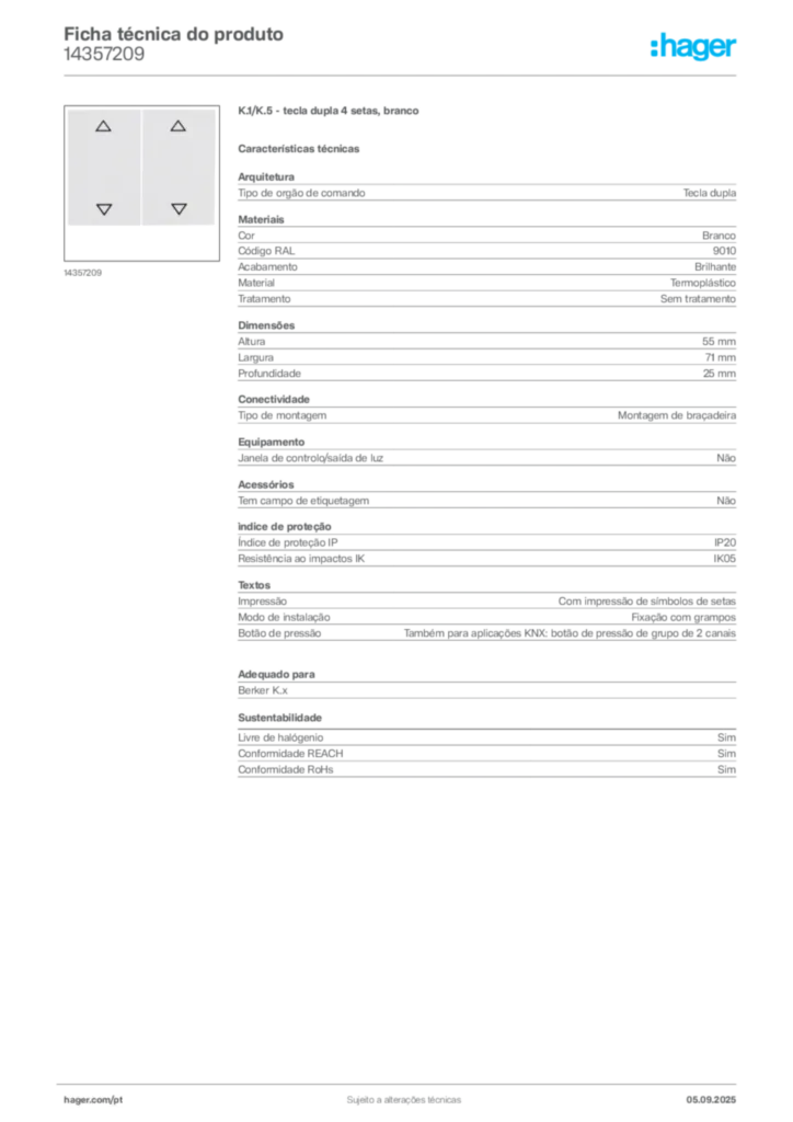 Imagem Hager Ficha técnica do produto 14357209 | Hager Portugal