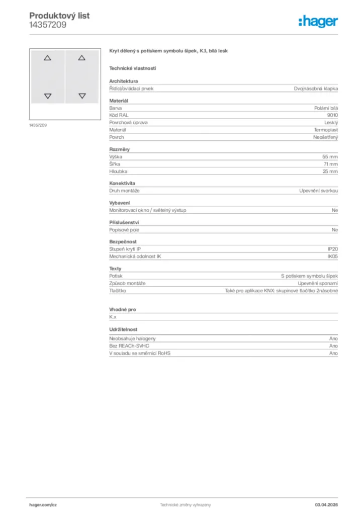 Obrázek Hager Product data sheet 14357209 | Hager
