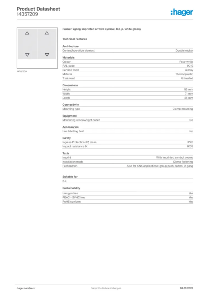 Image Hager Product data sheet 14357209  | Hager