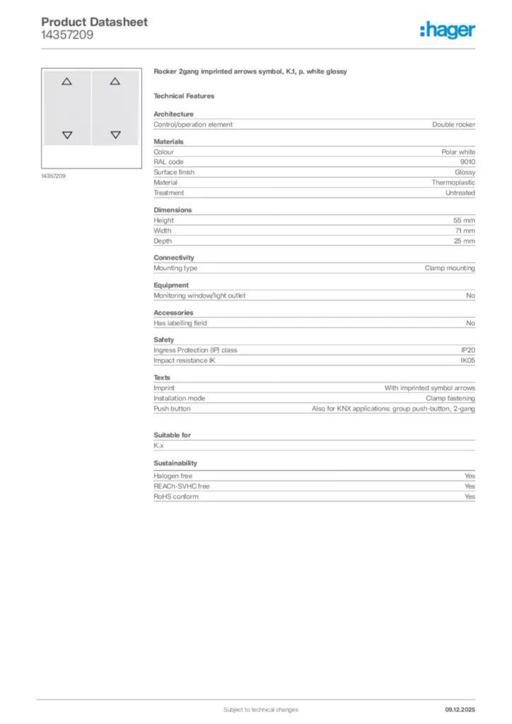 Image Hager Product data sheet 14357209  | Hager