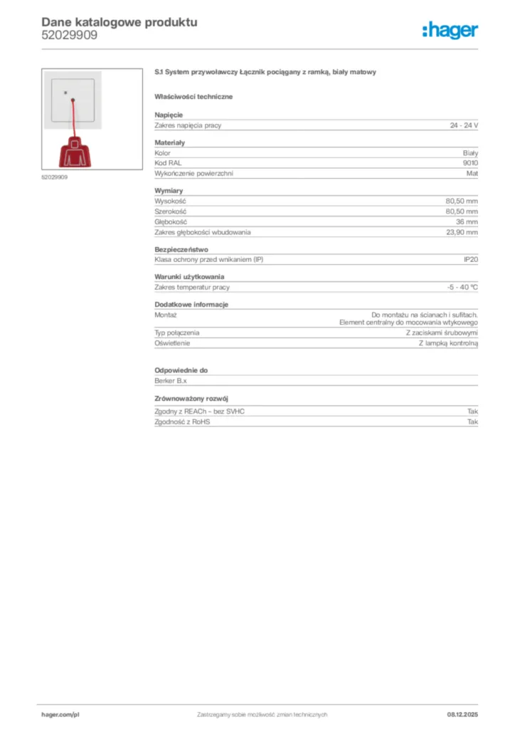 Zdjęcie Hager Karta katalogowa 52029909 | Hager Polska