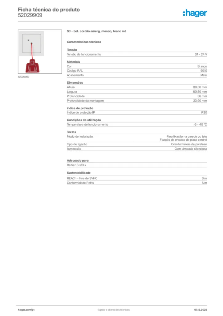 Imagem Hager Ficha técnica do produto 52029909 | Hager Portugal