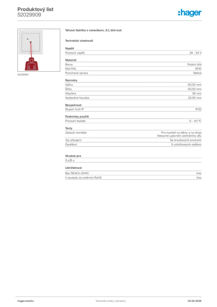 Obrázek Hager Product data sheet 52029909 | Hager