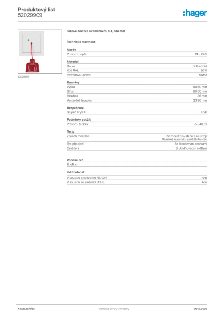 Obrázek Hager Product data sheet 52029909 | Hager