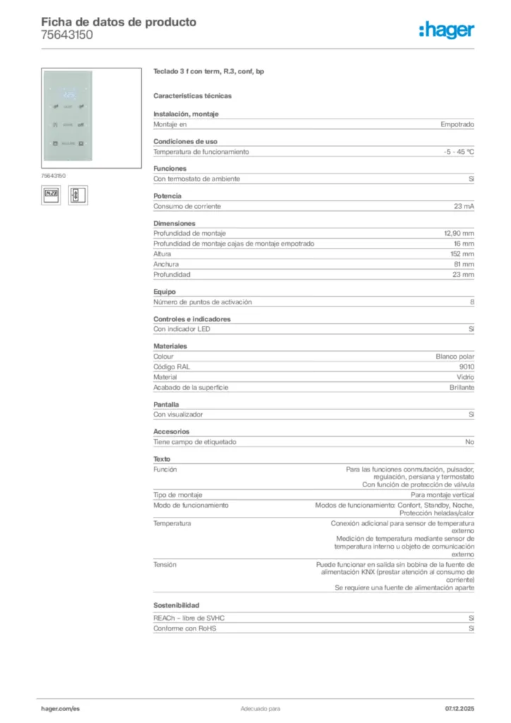 Imagen Hager Ficha de datos de producto 75643150 | Hager España