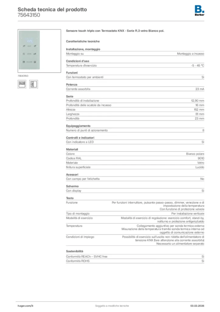 Immagine Berker Scheda tecnica del prodotto 75643150 | Hager Italia