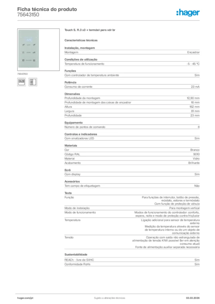 Imagem Hager Ficha técnica do produto 75643150 | Hager Portugal