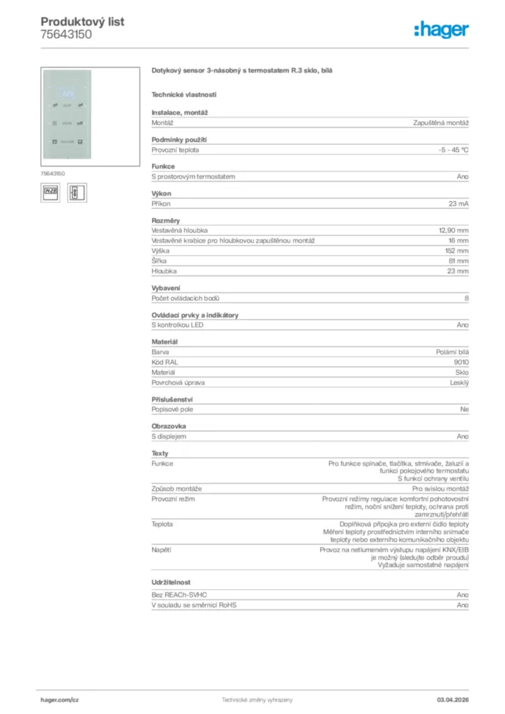 Obrázek Hager Product data sheet 75643150 | Hager