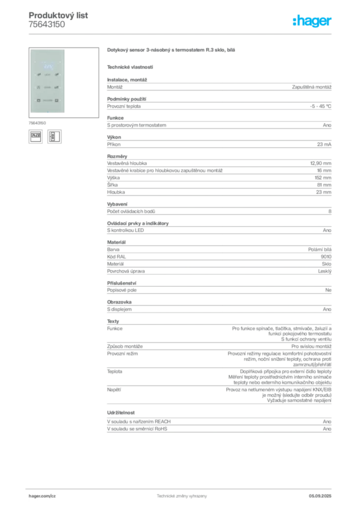 Obrázek Hager Produktový list 75643150 | Hager