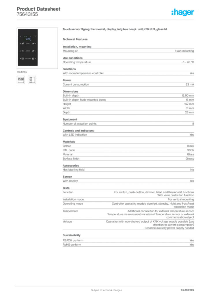 Image Hager Product data sheet 75643155  | Hager