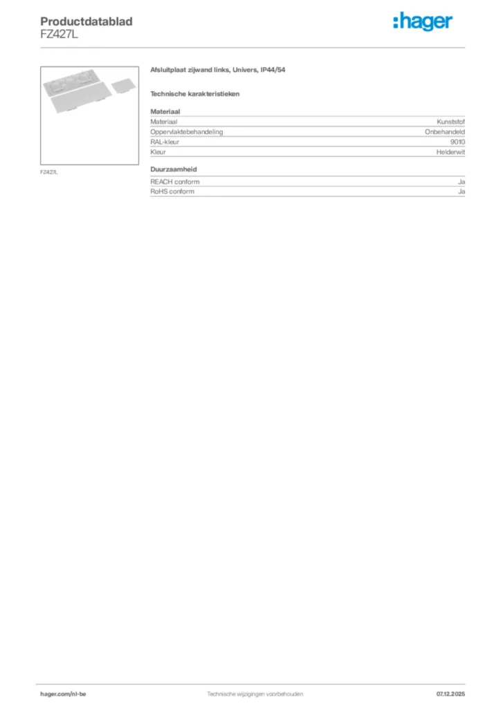Afbeelding Hager Productdatablad FZ427L | Hager Belgium