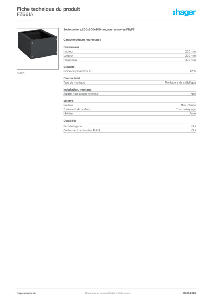 Image Hager Fiche technique du produit FZ661A | Hager Suisse