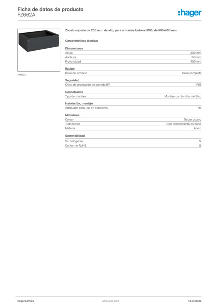 Imagen Hager Ficha de datos de producto FZ662A | Hager España