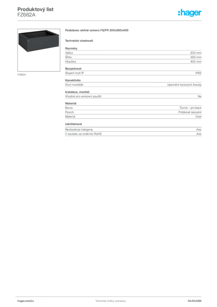 Obrázek Hager Produktový list FZ662A | Hager