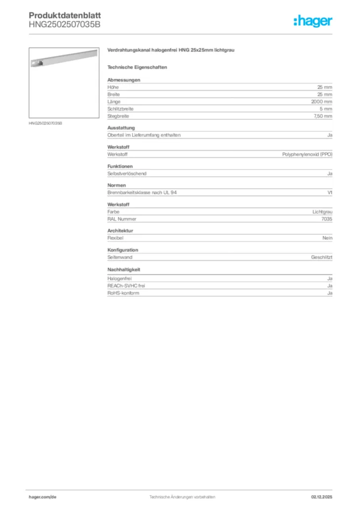 Bild Hager Produktdatenblatt HNG2502507035B | Hager Deutschland