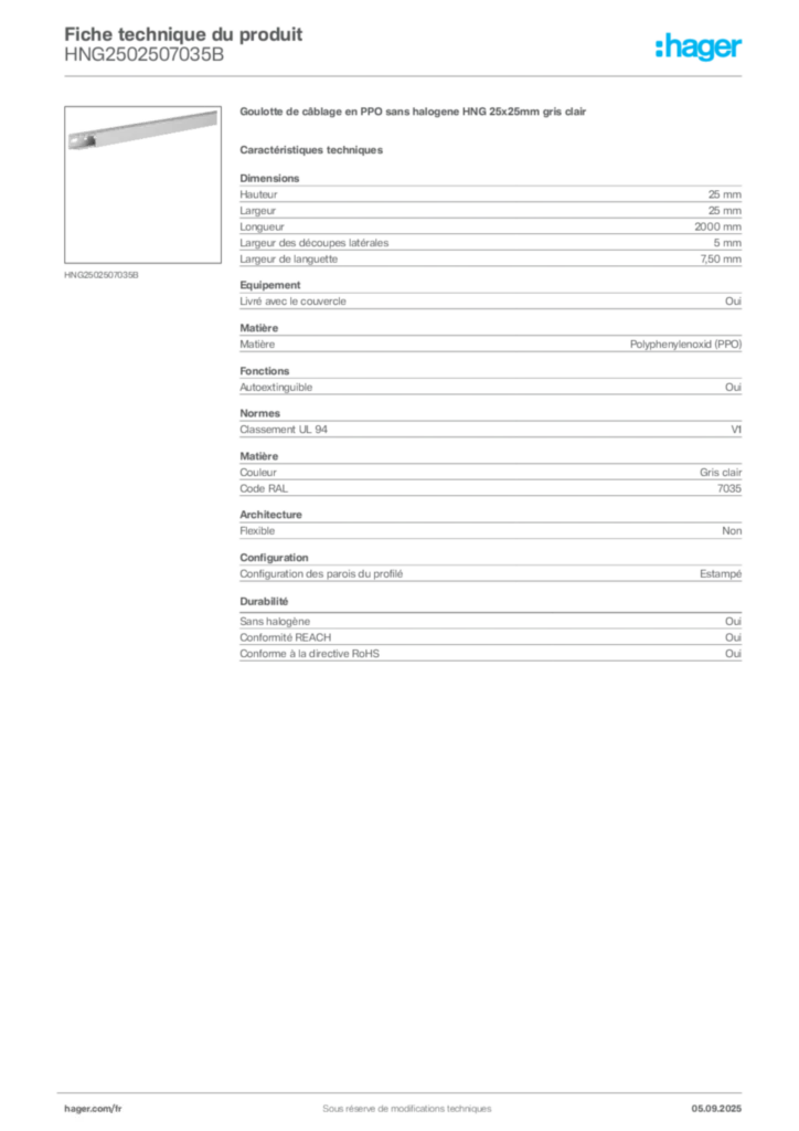 Image Hager Fiche technique du produit HNG2502507035B | Hager France
