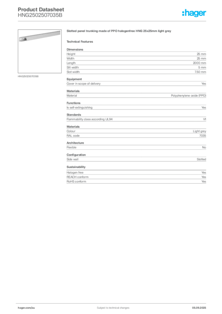 Image Hager Product data sheet HNG2502507035B  | Hager Australia