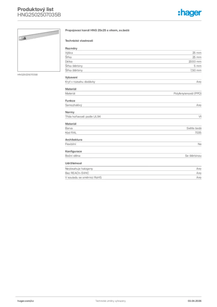Obrázek Hager Product data sheet HNG2502507035B | Hager