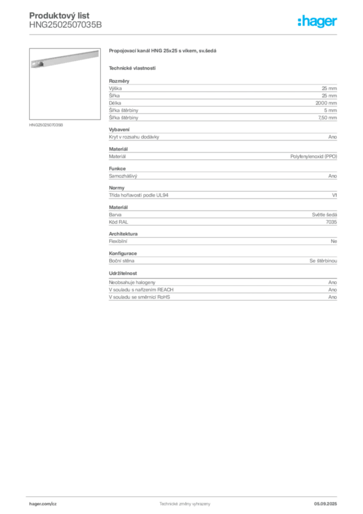 Obrázek Hager Produktový list HNG2502507035B | Hager