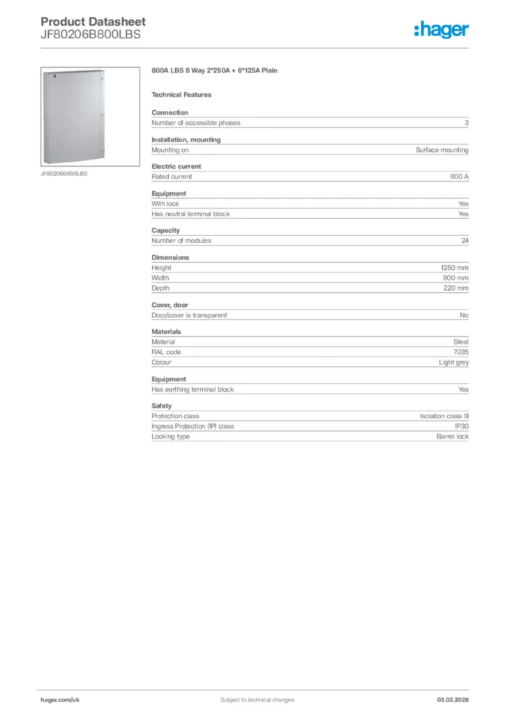 Image Hager Product data sheet JF80206B800LBS  | Hager