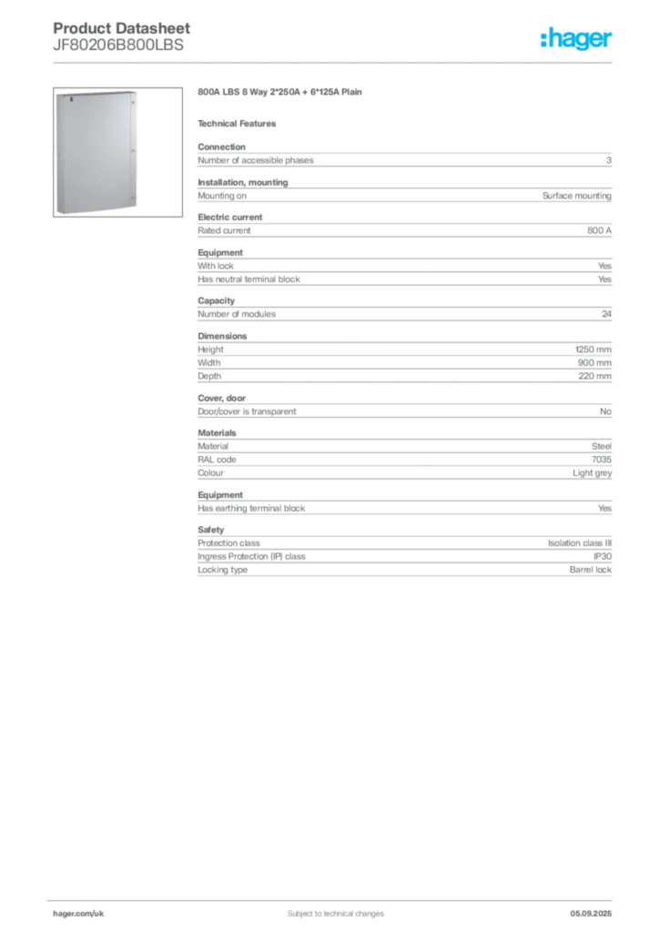 Image Hager Product data sheet JF80206B800LBS  | Hager