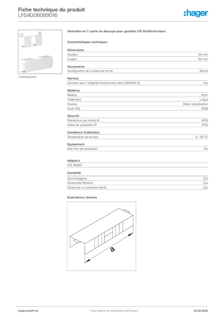 Image Hager Fiche technique du produit LFS4006089016 | Hager Belgique