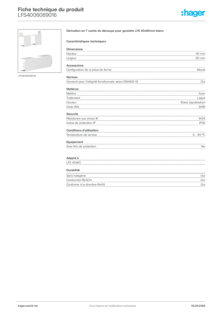 Image Hager Fiche technique du produit LFS4006089016 | Hager Belgique