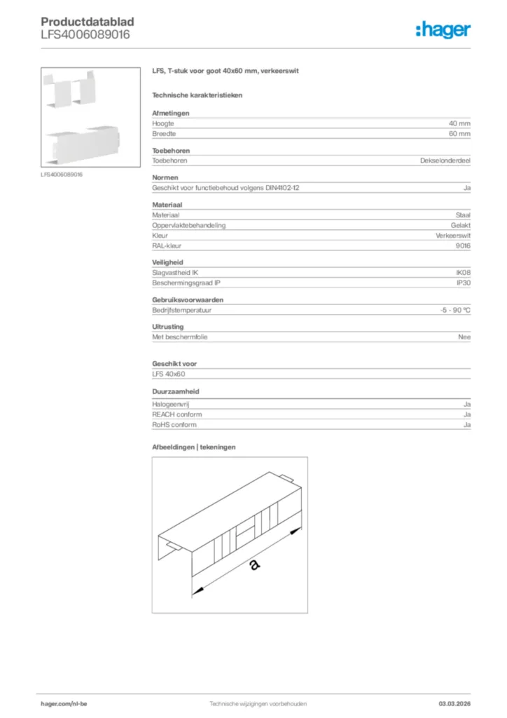 Afbeelding Hager Productdatablad LFS4006089016 | Hager Belgium