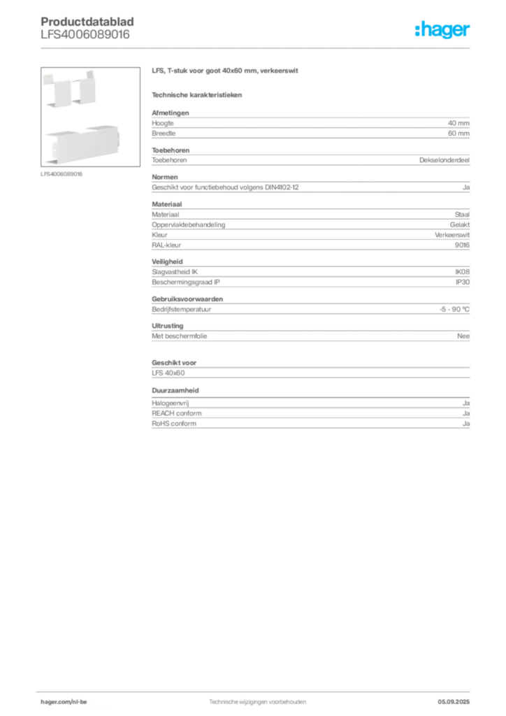 Afbeelding Hager Productdatablad LFS4006089016 | Hager Belgium