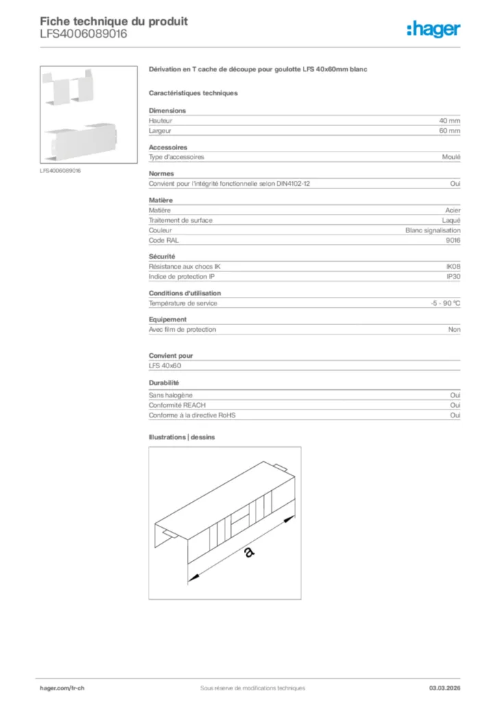 Image Hager Fiche technique du produit LFS4006089016 | Hager Suisse