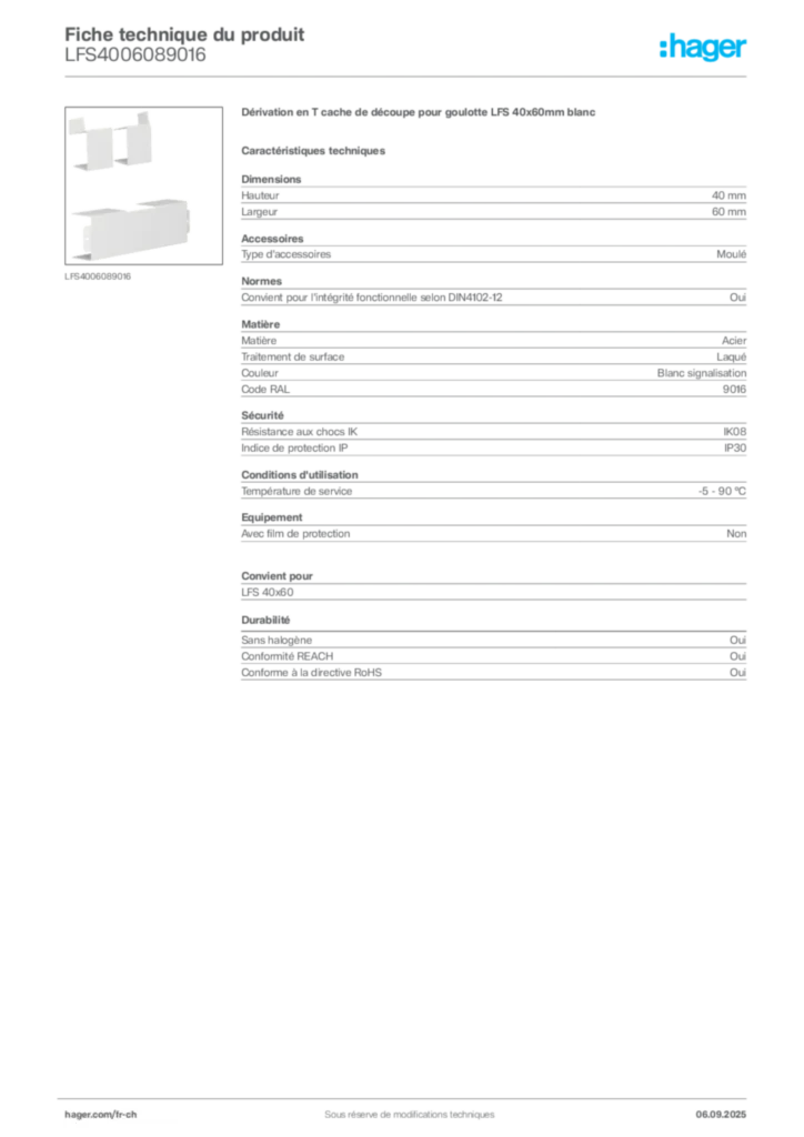 Image Hager Fiche technique du produit LFS4006089016 | Hager Suisse