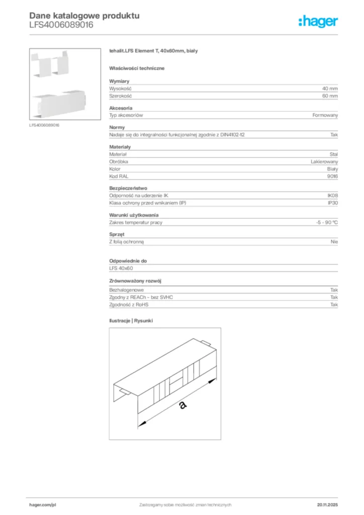 Zdjęcie Hager Dane katalogowe produktu LFS4006089016 | Hager Polska