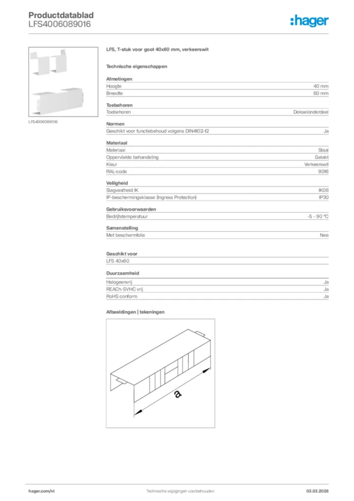Afbeelding Hager Productdatablad LFS4006089016 | Hager Nederland