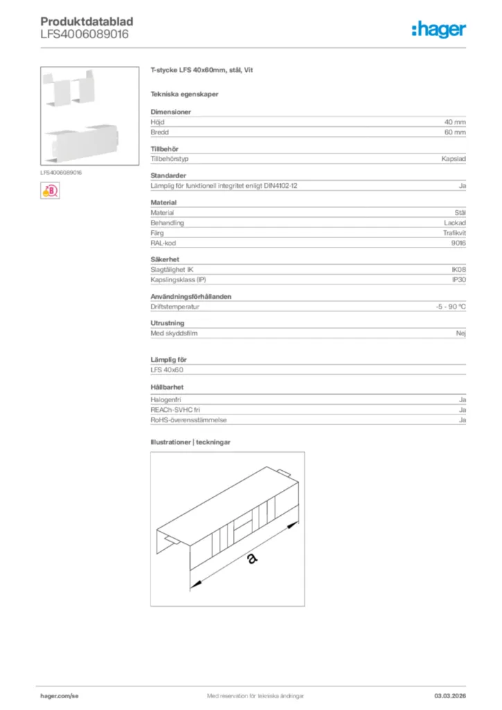 Bild Hager Produktdatablad LFS4006089016 | Hager Sverige