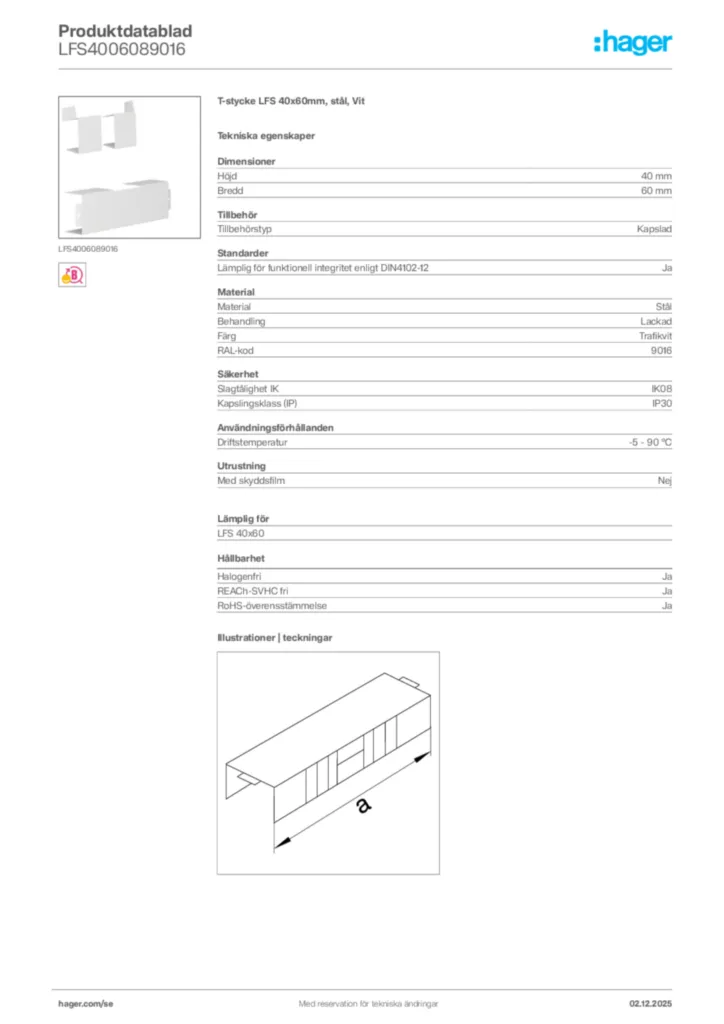 Bild Hager Produktdatablad LFS4006089016 | Hager Sverige