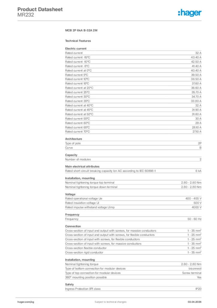 Image Hager Product data sheet MR232  | Hager