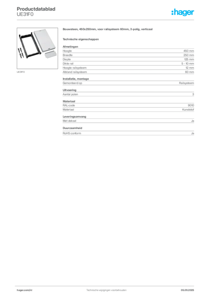 Afbeelding Hager Productdatablad UE31F0 | Hager Nederland