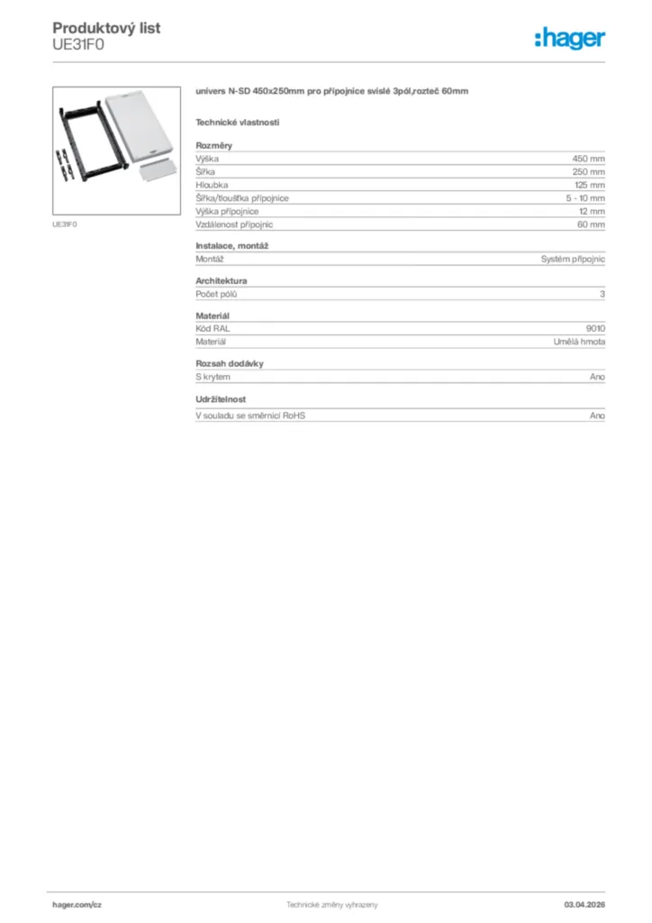 Obrázek Hager Product data sheet UE31F0 | Hager