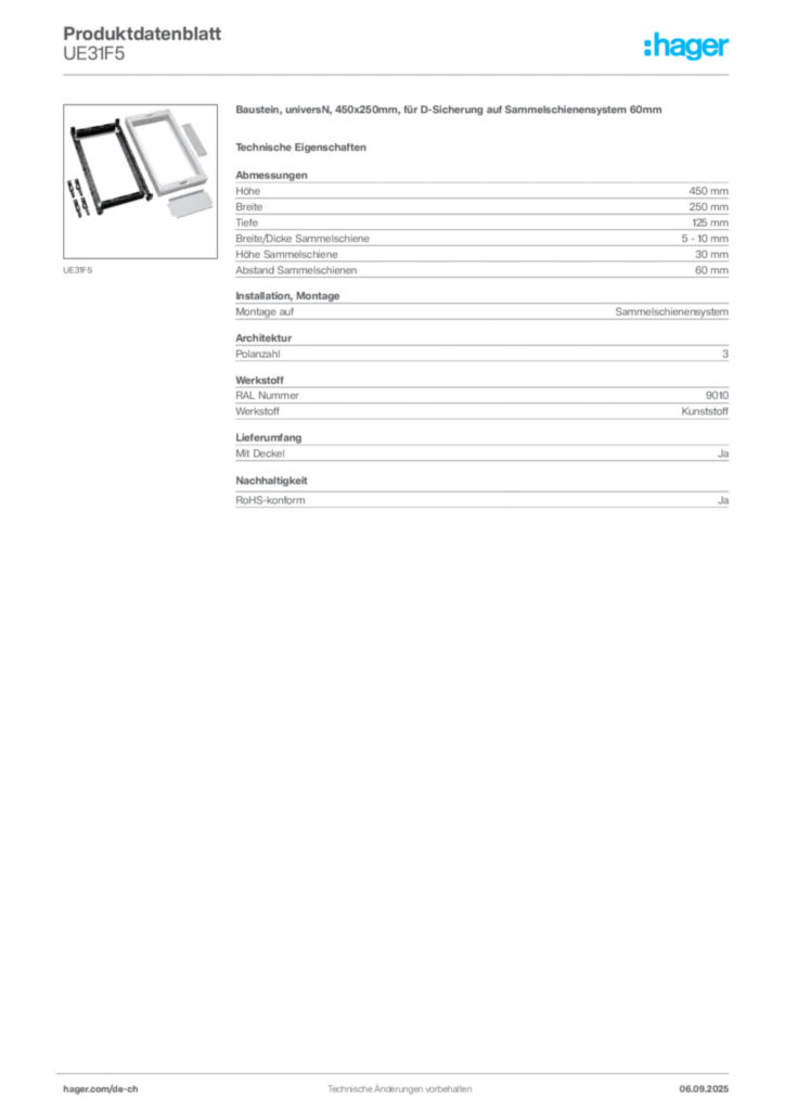 Bild Hager Produktdatenblatt UE31F5 | Hager Schweiz