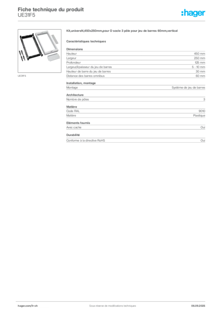 Image Hager Fiche technique du produit UE31F5 | Hager Suisse