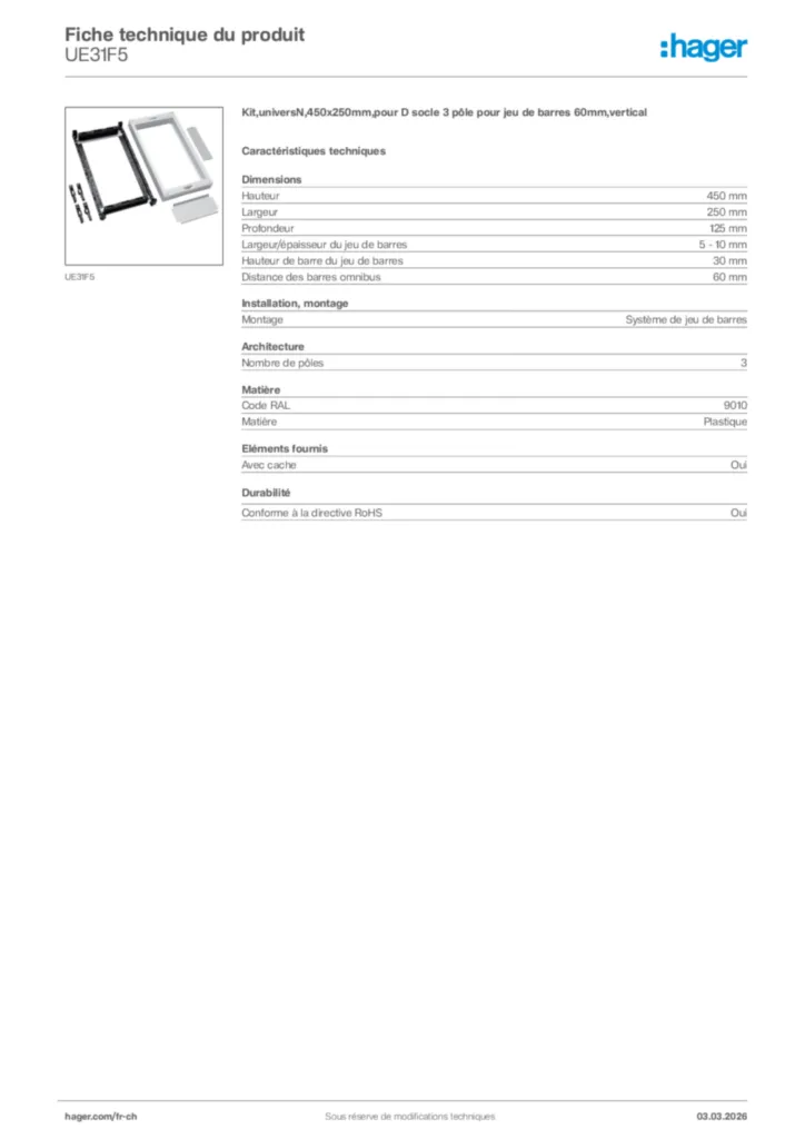 Image Hager Fiche technique du produit UE31F5 | Hager Suisse