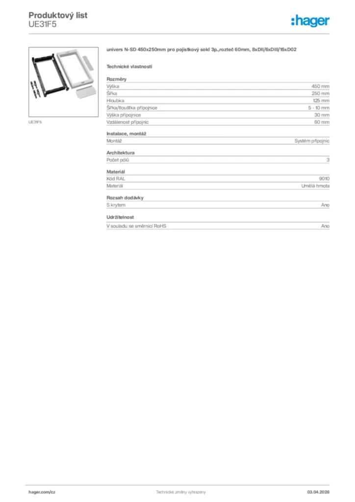 Obrázek Hager Product data sheet UE31F5 | Hager