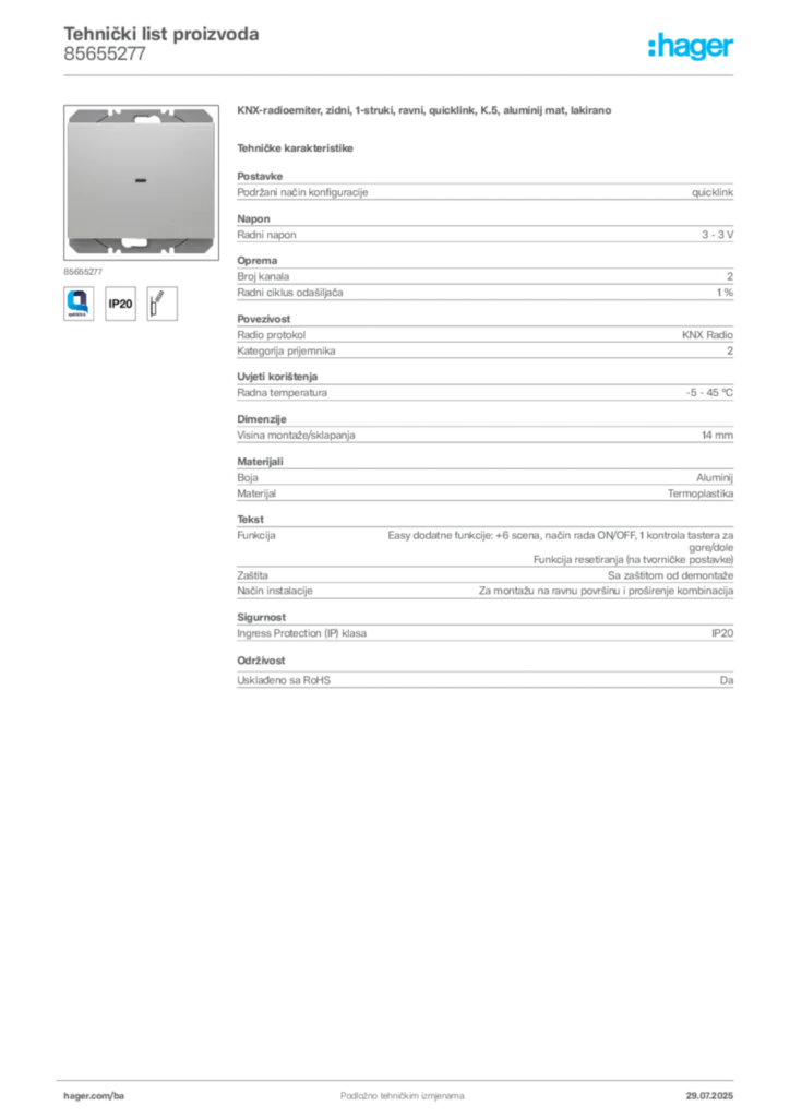 Slika Hager Product data sheet 85655277  | Hager