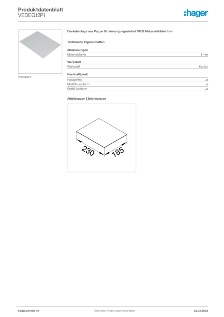 Bild Hager Produktdatenblatt VEDEQ12P1 | Hager Schweiz