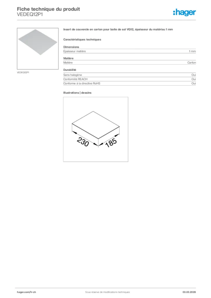 Image Hager Fiche technique du produit VEDEQ12P1 | Hager Suisse