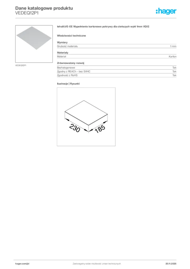 Zdjęcie Hager Dane katalogowe produktu VEDEQ12P1 | Hager Polska