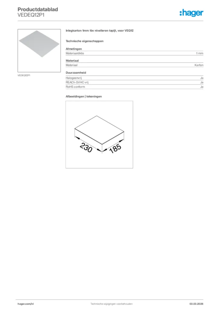 Afbeelding Hager Productdatablad VEDEQ12P1 | Hager Nederland