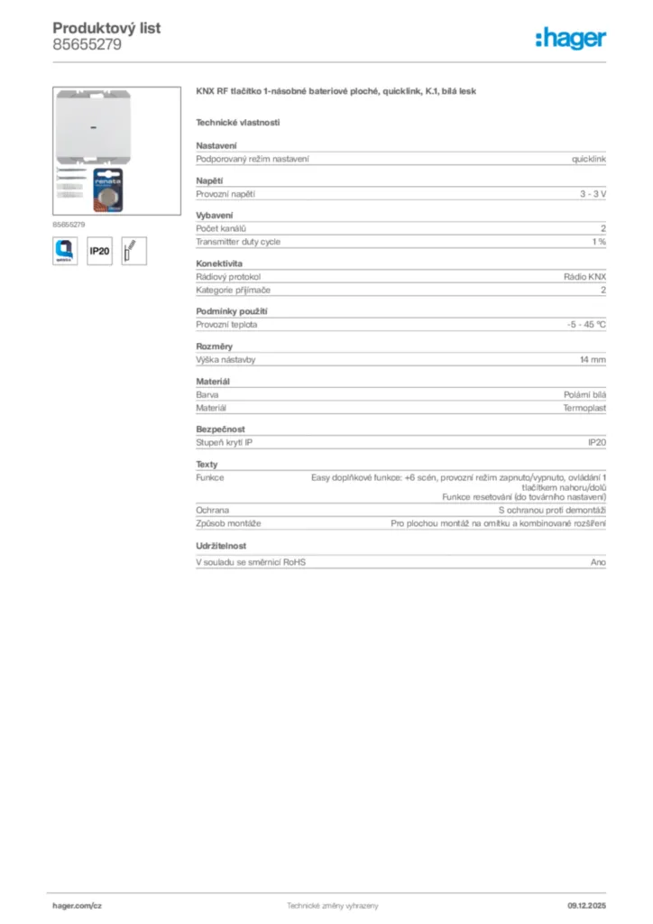 Obrázek Hager Product data sheet 85655279 | Hager