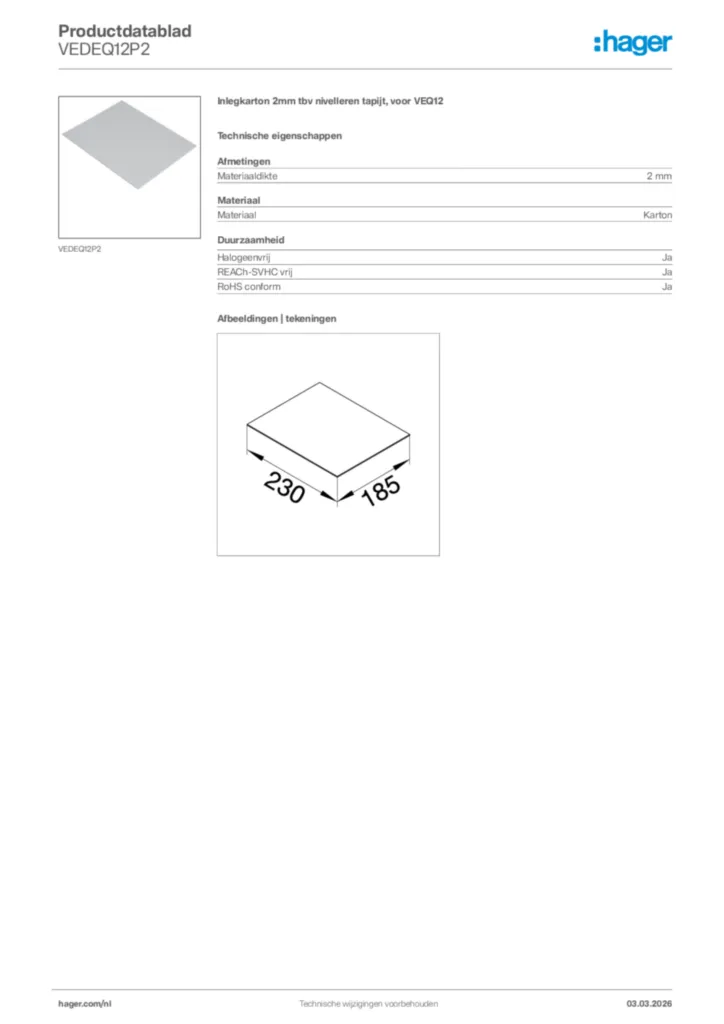 Afbeelding Hager Productdatablad VEDEQ12P2 | Hager Nederland