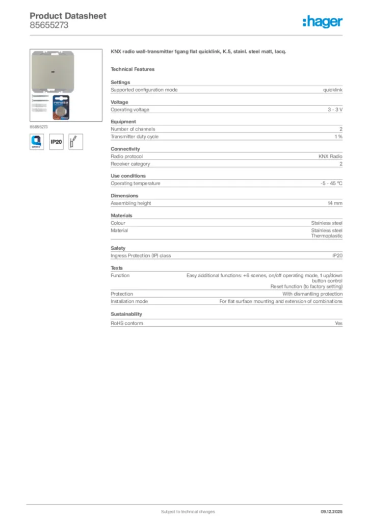 Image Hager Product data sheet 85655273  | Hager Africa